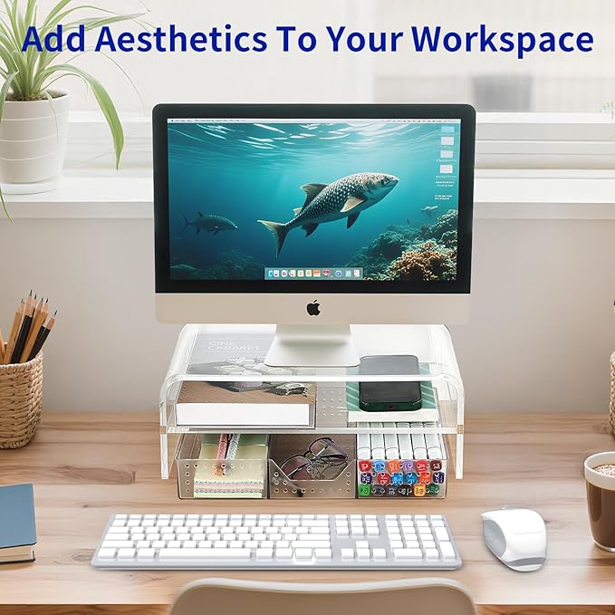 Acrylic Clear Desk Organizer and Accessories, 2-Tier Computer Monitor Stand Riser with Drawer, Laptop Stand, Office Desk Accessories for Office Supplies, Transparent