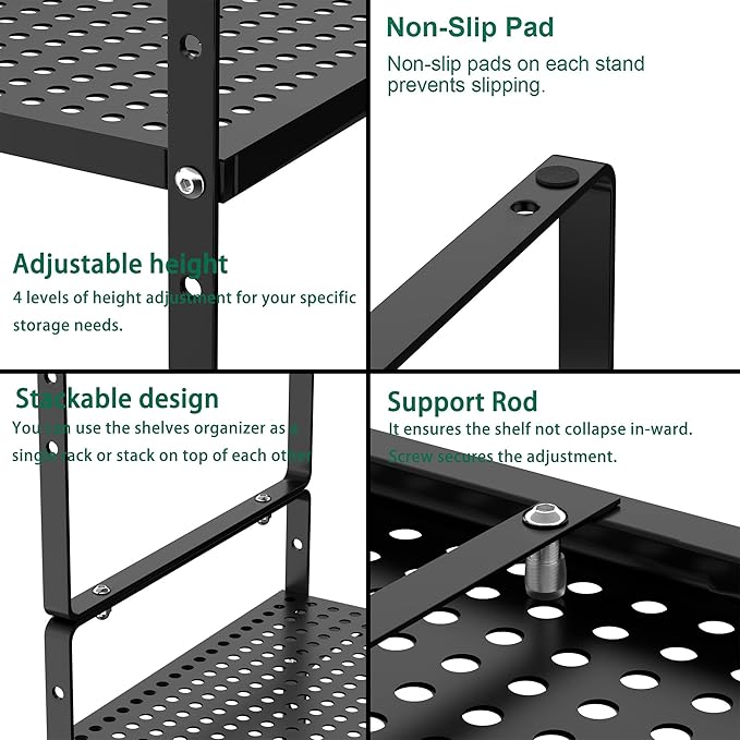 iPEGTOP Large Expandable Cabinet Storage Shelf Organizer Rack, Heavy Duty Stackable Steel Metal Spice Rack Adjustable Height Office Pantry Garage Shelves for Counter Kitchen, Black - 1 Pack-NeatNest