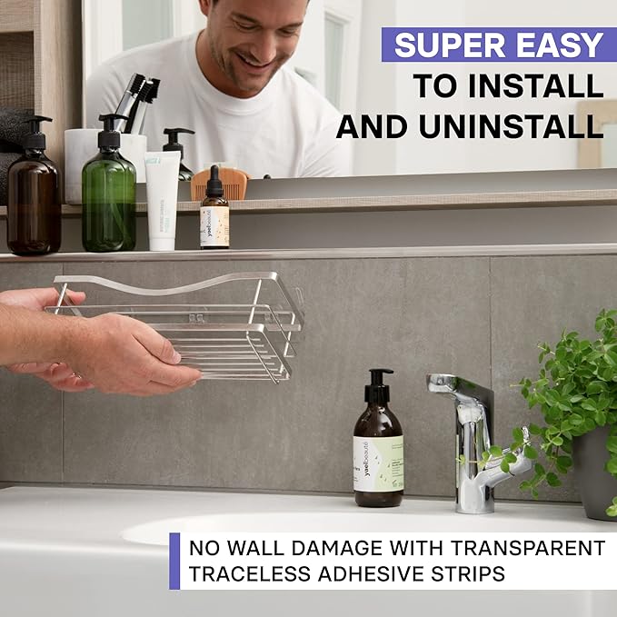 KINCMAX Premium Shower Caddy - Adhesive Bathroom Shower Organizer and Storage w/ 4 Hooks, No Drill Shower Shelves for Inside Shower, Rustproof Stainless Steel Shower Rack, Accessories Holder, Silver