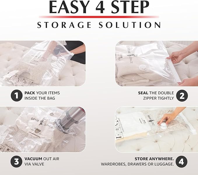 GENIE SPACE Large Vacuum Storage Bags - Pack of 6, 30x24in | Strong Space Saving Bags | Premium Airtight & Reusable Vacuum Bag for Clothes, Bedding, Towels, Cushions & More | inc Travel Pump-NeatNest