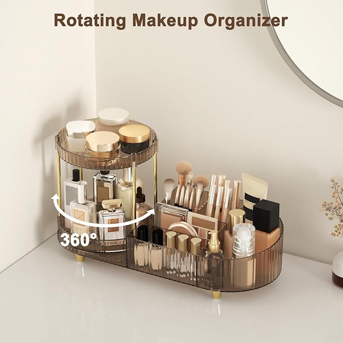 Makeup Organizer Countertop with 360 Rotating Perfume Trays, 7-Divider Vanity Skincare Organizers, Make Up Desk Organization and Storage with Cosmetic Brush Holder for Bedroom Bathroom Counter-NeatNest