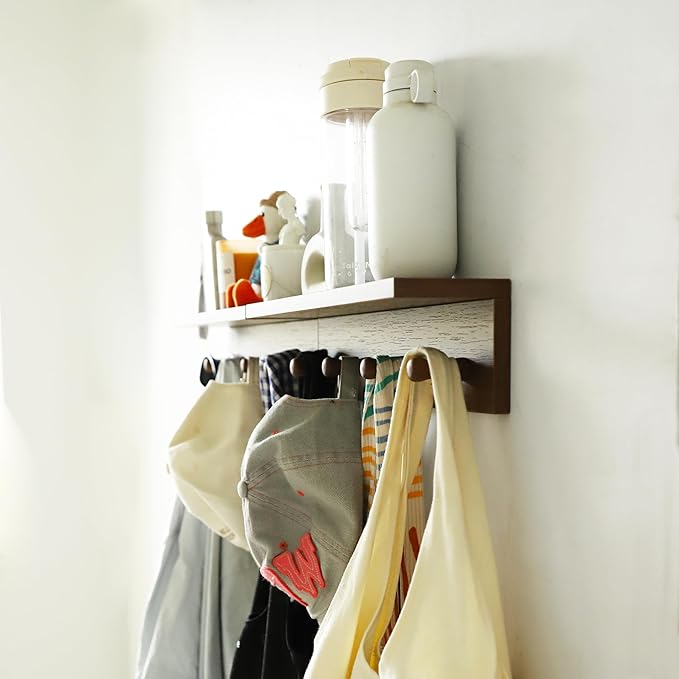 Entryway Coat Rack Hooks with Shelf, Sturdy Wooden Floating WallOrganizer Shelf with 4 Hooks siutable for Entrance, Mudroom, Kitchen, Bathroom,.etc(2pc-Walnut Finish)