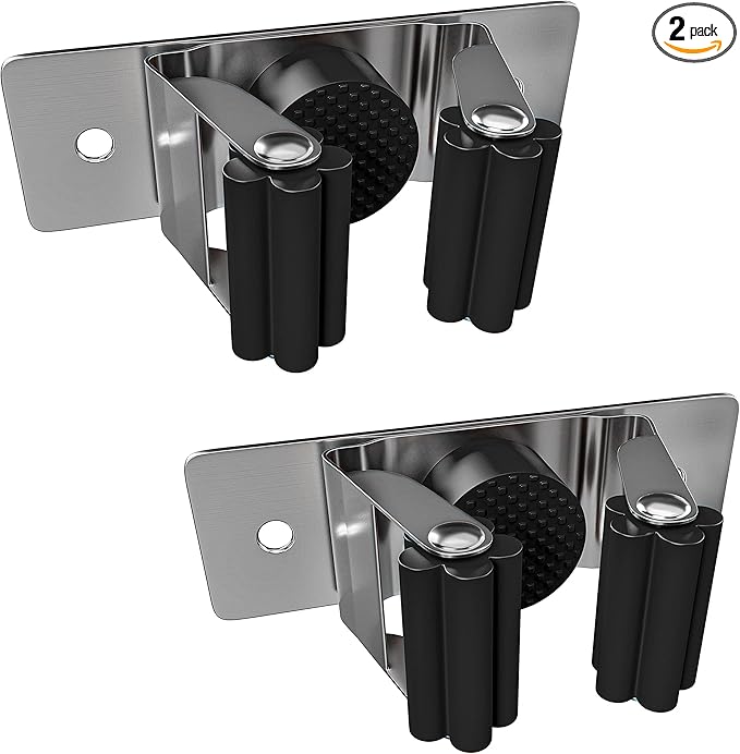 Self Adhesive Broom and Mop Holder Wall Mounted – SUS304 Stainless Steel 2-Slot Organizer with Anti-Slip Rubber Grips, 25lb Load, Adjustable for 0.6–1.4" Handles, Garage Kitchen Bathroom Use, 2 Pcs-NeatNest