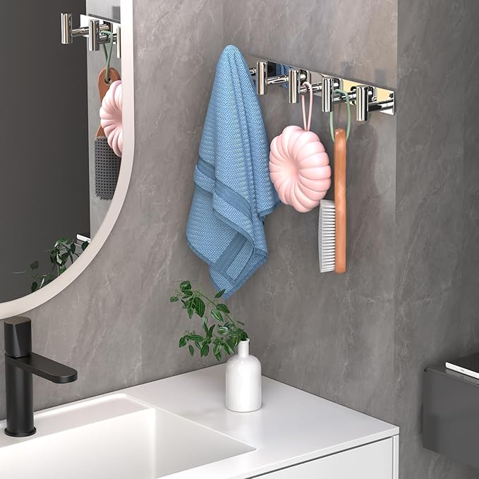 Wall Mounted Coat Rack-5 Hooks, Heavy Duty Stainless Steel Hook Rail for Towel Coat Hat Purse Bag Jacket, Towel Hooks for Entryway Bathroom Kitchen (Glossy 5 Hooks - 1 Pack)-NeatNest