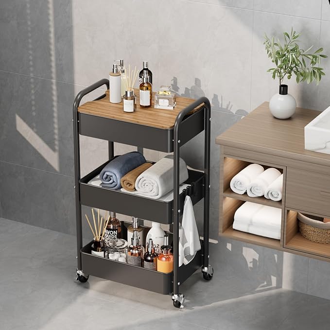 3 Tier Rolling Cart with Table top, Metal Utility Cart, Sturdy Storage Organizer Cart with Locking Wheels & Hooks for Office, Classroom, Kitchen and Bathroom-NeatNest