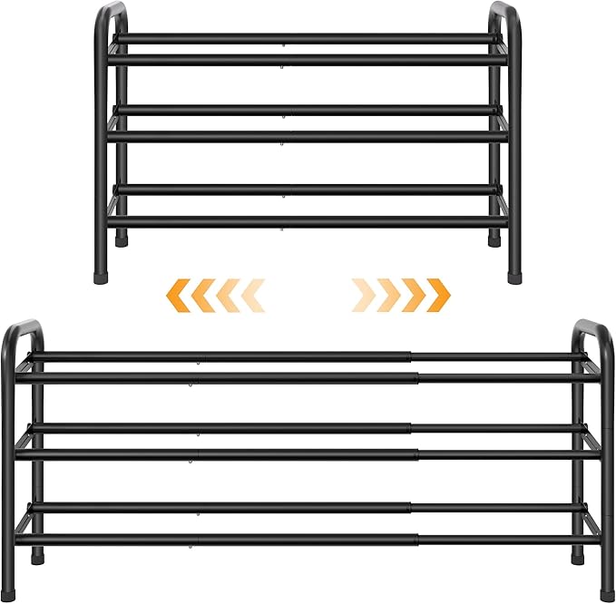 3 Tier Shoe Organizer, Shoe Rack for Closet, 28“ Metal Shelf Can Expandable to 42“, for Bedroom, Entryway, Closet, Garage, Adjustable to 18 Pairs Shoes, Black-NeatNest