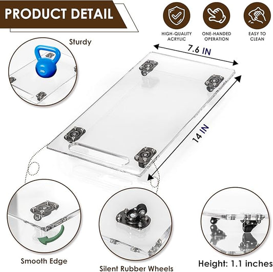 360° Sliding Tray for Coffee Maker & Kitchen Appliances - Silent Rubber Wheels, Clear Acrylic Organizer Tray for Under Cabinet - Space Saving Countertop Accessory, 7.6x14 Inch (Clear)