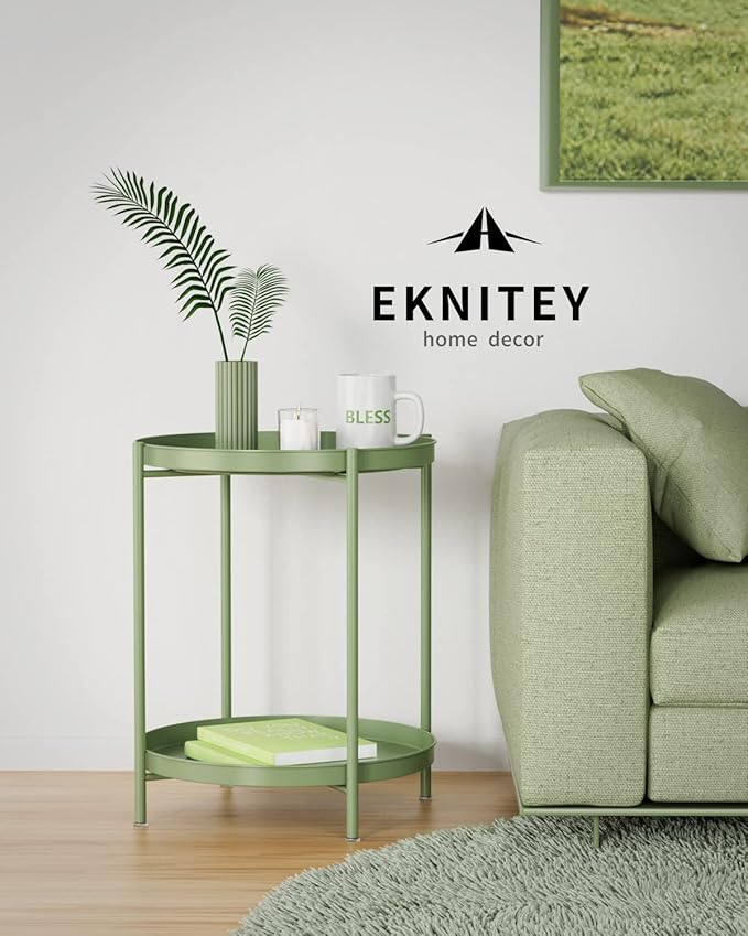 EKNITEY 2 Tier End Table - Metal Side Table Waterproof Small Sofa Coffee Side Tables Bedroom Indoor Outdoor with Removable Tray for Living Room Bedroom Balcony and Office (Atrovirens)-NeatNest