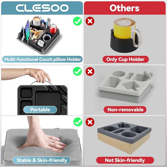 Couch Cup Holder Tray Couch Cup Holder Pillow Bed Tray Snack Sofa Bed Caddy Organizer Beach Sofa Drink Holder Anti-Spill Portable Snack Caddy Couch Remote Holder for Phone Pad Kindle Beverage Black-NeatNest