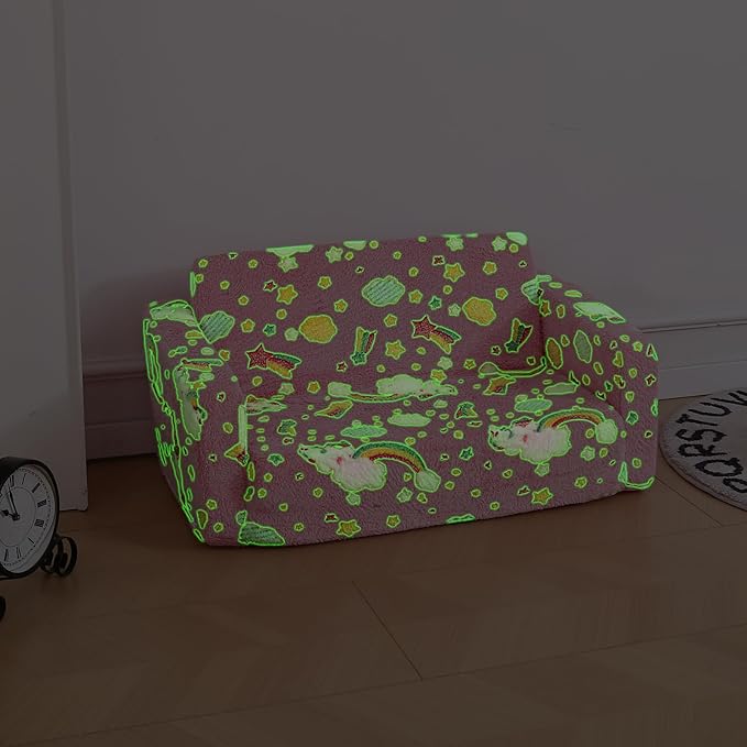 Foldable Kids Sofa Extra Wide for 2 Seats, Soft Kids Fold Out Couch Glow in The Dark,Convertible Sofa to Lounger Toddler Sofa Chair(Rainbow)-NeatNest