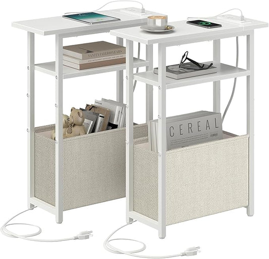 Narrow Side Table with Charging Station Set of 2, Small End Table for Small Spaces, Skinny Nightstands Set 2 with Storage Basket, 3 Tier Sofa Bedside Tables for Living Room,Bedroom, White
