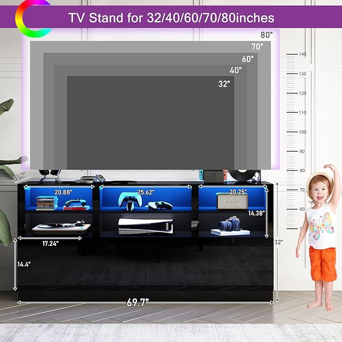 32'' Tall Black TV Stand for 65/75/80/85 Inch TVs with RGB LED Lights,Modern High Gloss Entertainment Center Cabinet Stands with Storage Shelves and Doors,TV Media Console Table for Living Room-NeatNest