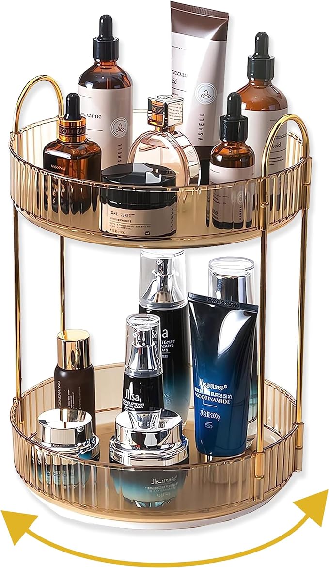 360 Rotating Gold Makeup Organizer,2 Tier Large Capacity Rotating Makeup Organizer,SkincarePerfume Organizer,Bathroom Cosmetics Storage Organizer Countertop (Gold-2 Tier)-NeatNest