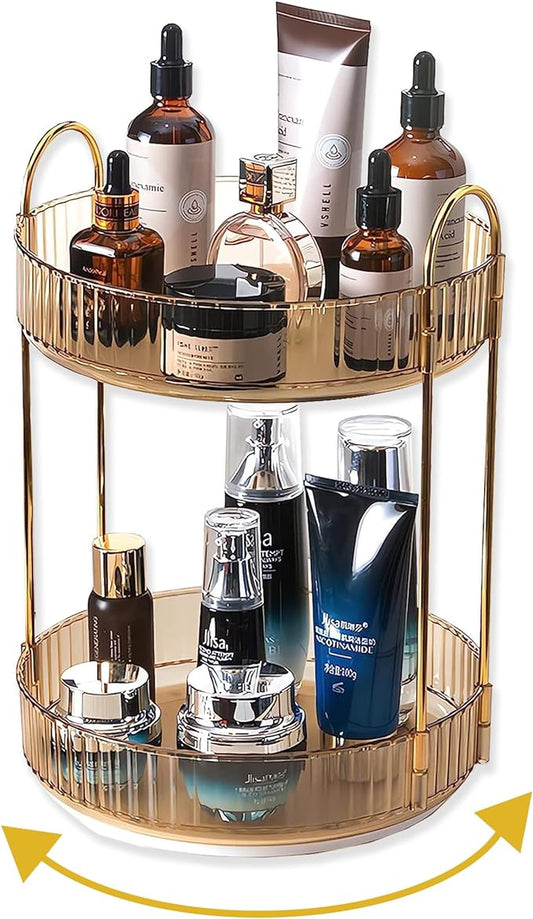 360 Rotating Gold Makeup Organizer,2 Tier Large Capacity Rotating Makeup Organizer,SkincarePerfume Organizer,Bathroom Cosmetics Storage Organizer Countertop (Gold-2 Tier)-NeatNest