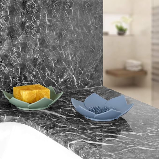 H&R 3 Pack Silicone Soap Holder, Bathroom Soap Tray with Drain, Lotus Shaped - Blue, Green, Grey-NeatNest