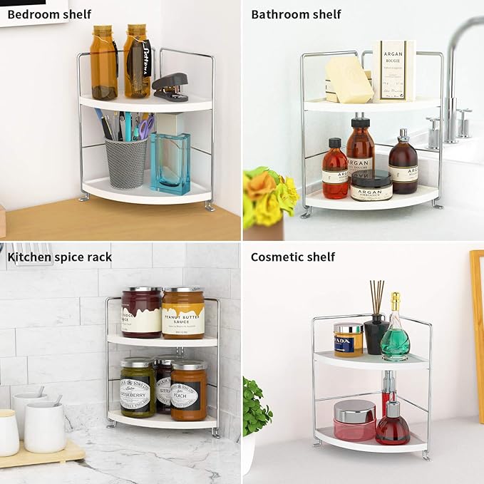 FSyueyun 2-Tier Corner Bathroom Counter Organizer, Tool-Less Installation Vanity Shelf Small Plastics Countertop Makeup Tray Skincare Perfume Organizers (Silver)-NeatNest