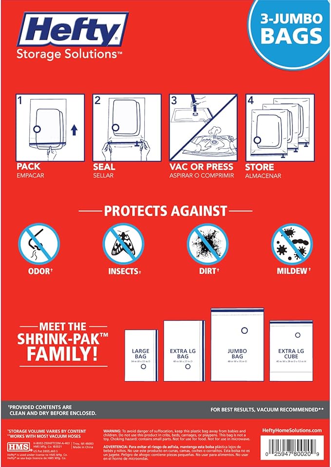 Hefty Shrink-Pak Vacuum Storage Bags - Space Saver for Under Bed Storage, Clothing and Comforters, Odor Resistant, 3X More Storage Space - 3 Jumbo Bags-NeatNest