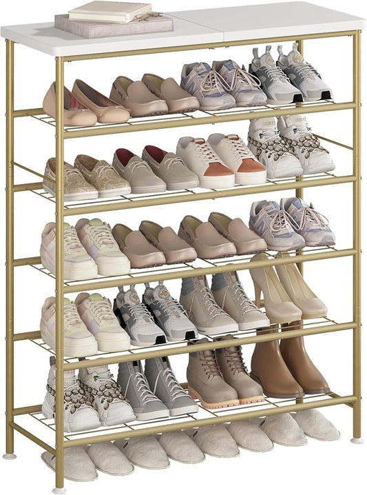 Shoe Rack Organizer 6 Tier for Closet Entryway Free Standing Metal Storage Shoe Shelf with MDF Top Board，Gold-NeatNest