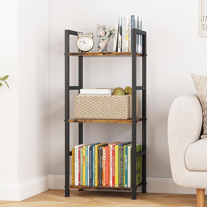 Bookshelf Storage Shelf Bookcase, 3 Tier Industrial Bookcase,Small Book case for Living Room, Bedroom, and Home Office, Easy Assembly Free Combination Multi-Functional Organizer(3 Tier,Rustic Brown)-NeatNest