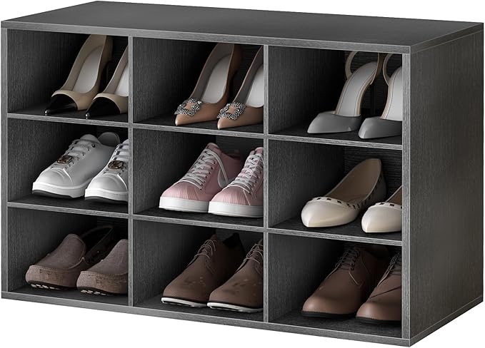 Garden 4 you Shoe Storage Bench, Cubby Shoe Rack with 9 Cubbies, 3-Tier Wood Shoe Rack Organizer, Shoe Organizer Cabinet for Entryway, Hallway, Closet and Garage, Black-NeatNest