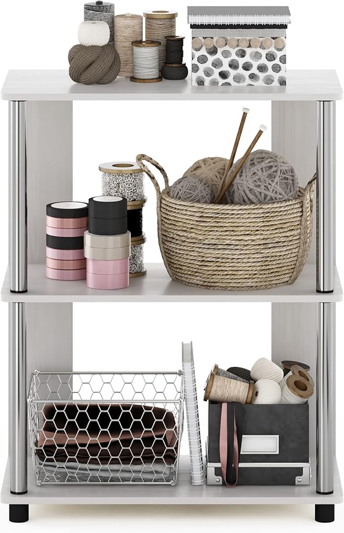 Furinno Jaya Simple Design 3-Tier Bookcase / Bookshelf / Display Rack with Stainless Steel Tubes, White Oak-NeatNest