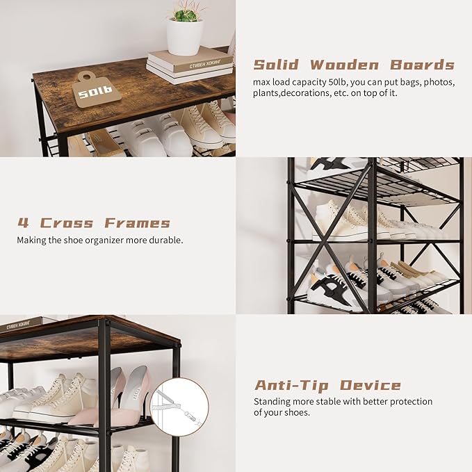 10-Tier Shoe Rack 40 Pairs, Space Saving Organizer for Entryway/Closet/Apartment, Industrial Metal Shelf with Rustic Brown Top-NeatNest