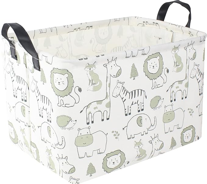 CLOCOR Rectangular Large Storage Basket,Collapsible Cute Pattern Storage Bin,Waterproof Storage Box with Handles,Gift Basket Empty,Room Decor(Green Animals)-NeatNest