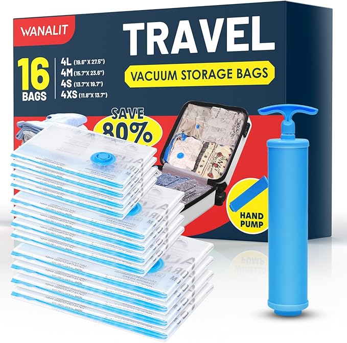 Travel Vacuum Storage Bags with Hand Pump, 16 Pack (4L+4M+4S+4XS) Vacuum Seal Bag Travel Essentials Space Saving Bags for Clothes, Luggage, Carry-on Suitcase, Backpack, Holiday Business Trip-NeatNest