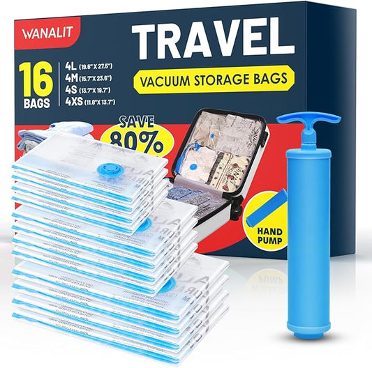 Travel Vacuum Storage Bags with Hand Pump, 16 Pack (4L+4M+4S+4XS) Vacuum Seal Bag Travel Essentials Space Saving Bags for Clothes, Luggage, Carry-on Suitcase, Backpack, Holiday Business Trip-NeatNest