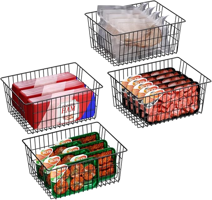 SANNO Large Freezer Baskets Metal Storage Organizer Bin Basket Wire Storage Basket for Kitchen Pantry Bathroom Large Metal Farmhouse Food Fruit Produce Organizer Bins,black,3