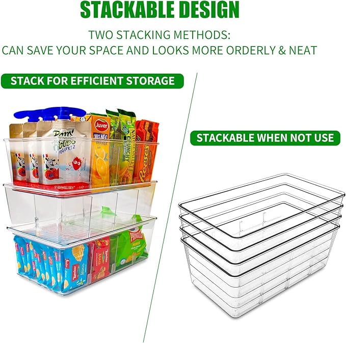 6 Pcs Clear Pantry Organizers and Storage,Plastic Storage Bins for Fridge with Removable Dividers, Kitchen Cabinet Organizers Ideal for Kitchen, Pantry, Refrigerator, Freezer, and Snack Storage-NeatNest
