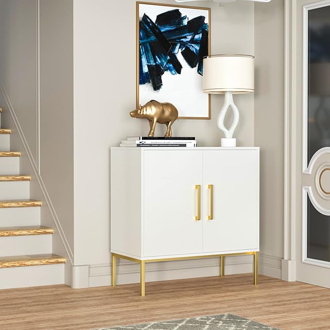JOZZBY Buffet Sideboard Cabinet with Storage, Modern Wooden Cabinet with Adjustable Shelves, White and Gold Cabinets for Living Room, Kitchen, Hallway, Set of 2