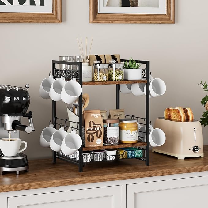 Coffee Bar Organizer Countertop, 3 Tier Mug Cup Holder Stand with 12 Hooks, 25 K Cup Coffee Pod Drawer with Mug Rack, Multifunctional Shelf for Accessories Kitchen (Black)-NeatNest