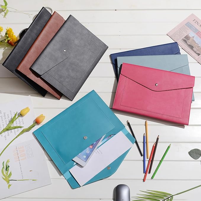 Wason Expanding A4 Document File PU Leather Envelope Case Holder-Large Size Pockets for Paper Bills Stationery Tablet and PC, Work Study Traveling (Grey)