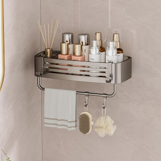 Shower Caddy Suction Cup, No Drilling Rustproof Bathroom Shower Shelf,Hanging Corner Shower Shelves with 6 Portable Hooks, Removable Bath Organizer with Towel Bar for Bathroom Storage(Gray)