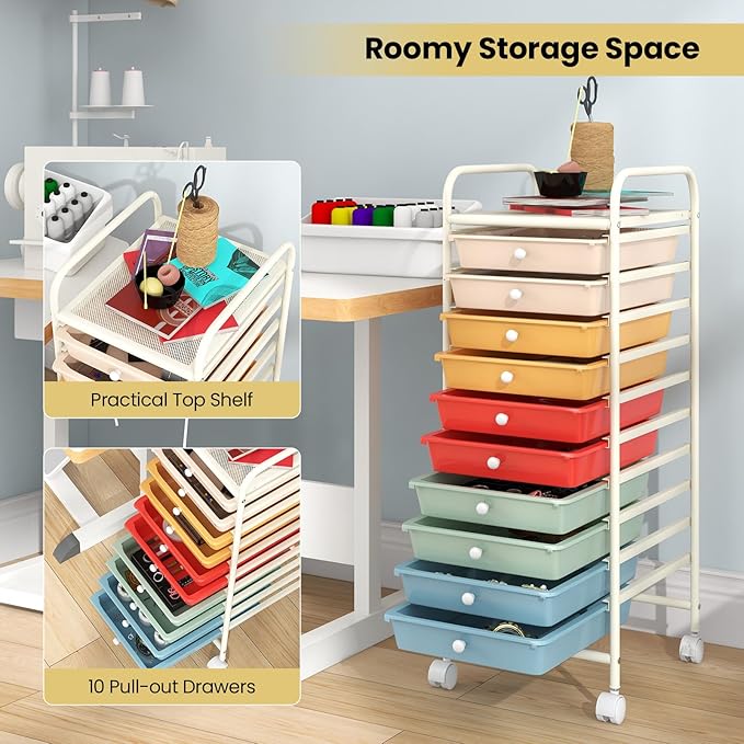 COSTWAY 10-Drawer Rolling Storage Cart, Utility Mobile Trolley with Removable Drawers & Universal Casters & 2 Brakes, Versatile Flexible Drawer Organizer Cart for Home, Office, Macaron-NeatNest