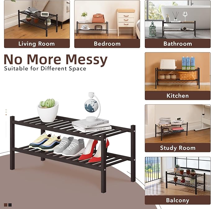 2 Tier Bamboo Shoe Rack Storage Organizer for Closet, Multifunctional Stackable Free Standing Shoe Shelf Organizer for Small Space,Entryway, Hallway, Bathroom27 x11 x13 (Brown, 2 Tier)-NeatNest
