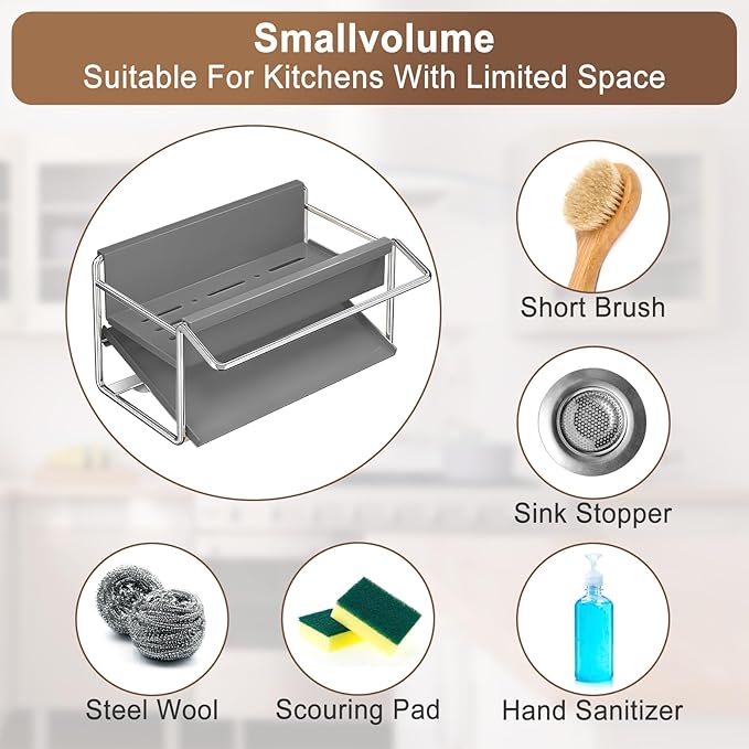 Kitchen Sink Sponge Rack, Self Draining Kitchen Sink Storage Rack, Rust-Proof Stainless Steel Dish Sponge Storage Rack (with Dish Cloth Rack), Bathroom Soap Dispenser Storage, Gray-NeatNest