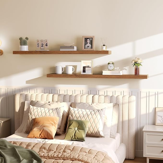 HOOBRO Floating Shelves for Wall, Wall Mounted Shelf Set of 2, 55" Hanging Shelf with Invisible Brackets, for Wall in Bathroom, Bedroom, Toilet, Kitchen, Living Room, Office, Rustic Brown BF140BJP201-NeatNest