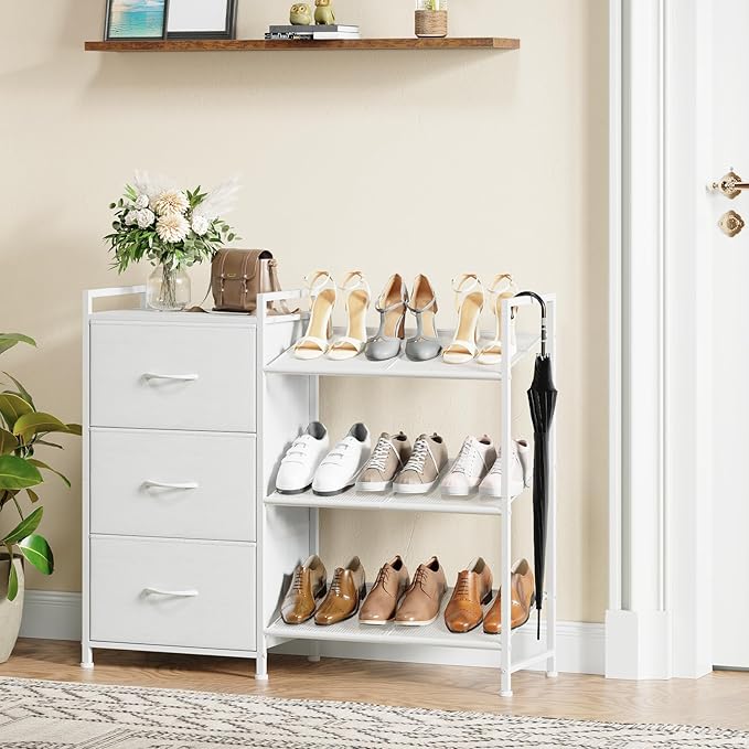 Somdot Shoe Rack, 3 Tier Shoe Organizer with 3 Drawers, Metal Shoe Storage Shelf for 6-9 Pairs of Shoes, Narrow Shoe Rack for entryway, White Leather-NeatNest