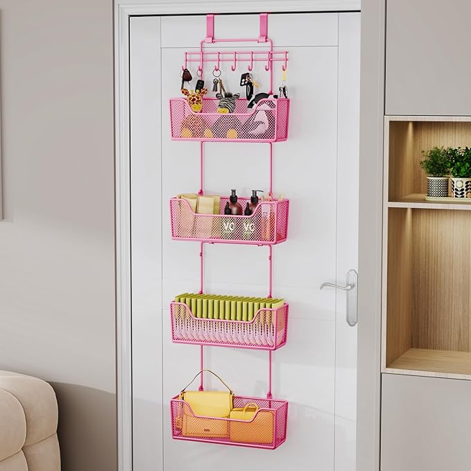 HapiRm Over Door Organizer Storage - Hanging Door Organizer with 4 Metal Large Capacity Baskets and Adjustable Coat Hook for Bathroom Bedroom Kitchen Pantry Closet Cabinet-NeatNest