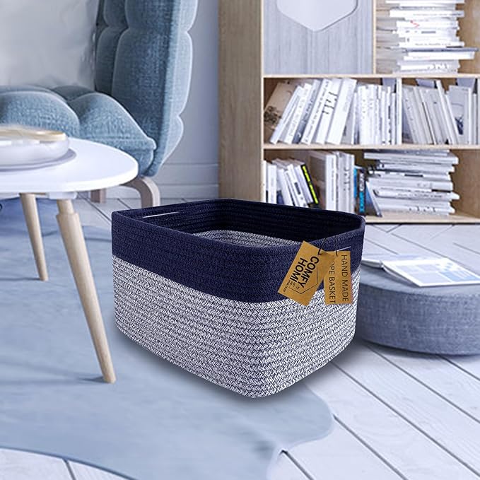 COMFY-HOMI Rectangular Cotton Rope Basket With Handles for Shelves|Dog Toy|Baby Gift - Dark Blue (13.5" x 11" x 9.5")-NeatNest