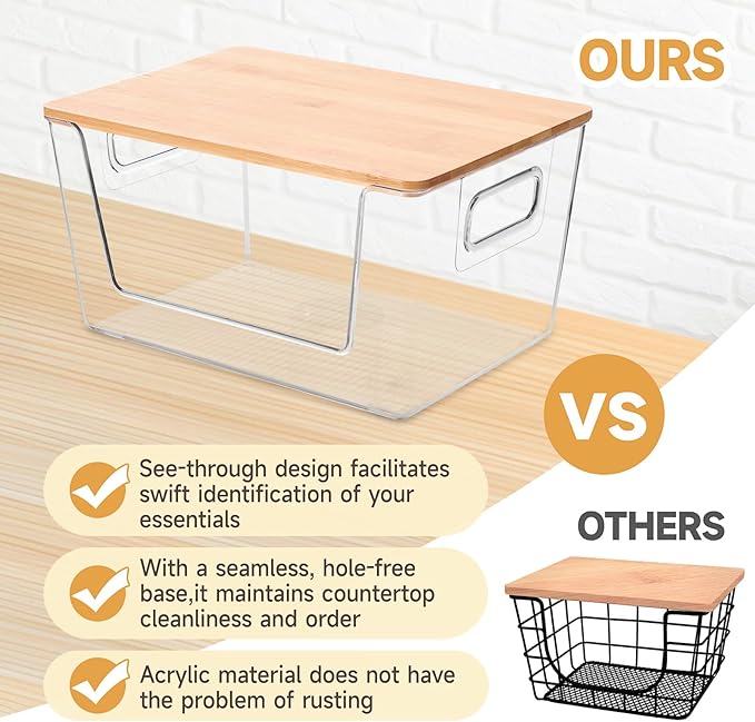 2 Set Pantry Organizer and Storage, Stackable Trash Bag Dispenser Clear Acrylic Kitchen Counter Pantry Baskets for Potato, Onion, Produce, Fruit, Vegetable, Snack, Trash Bag Holder with Bamboo Lid