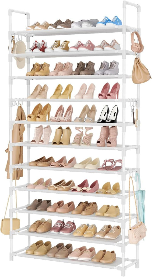 11 Tiers Tall Shoe Rack Holds 55 Pairs of Shoes with 18pcs Hooks Sturdy Wide Shoe Organizer Storage Free Standing Metal Shoe Shelf for Closet, Entryway White-NeatNest