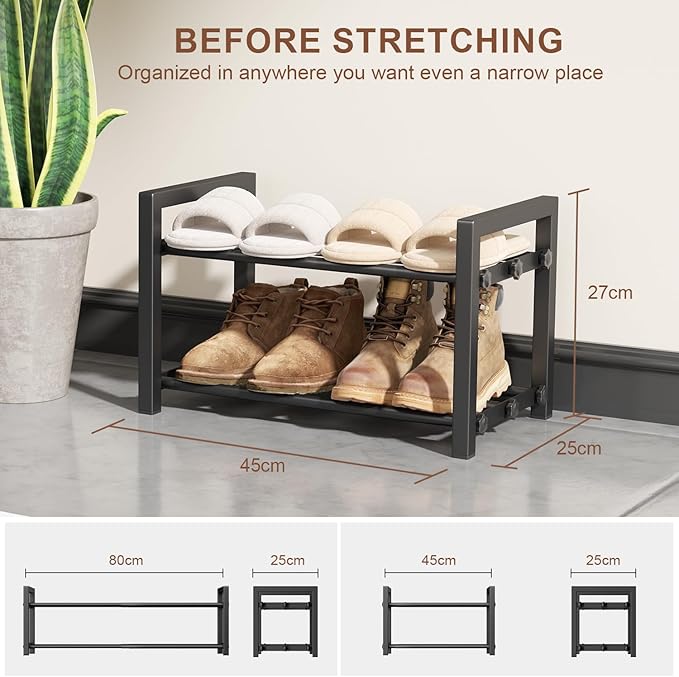 2-Tier Expandable Shoe Rack,Adjustable Shoe Shelf Storage Organizer Heavy Duty Metal Free Standing Shoe Rack for Entryway Closet Doorway (Black)-NeatNest
