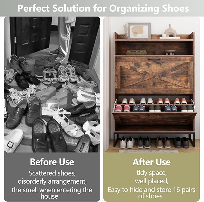 Shoe Cabinet, Freestanding Tipping Bucket Shoe Storage Cabinet with 2 Flip Drawers, Entryway Shoe Rack with Storage Top Cubby, Narrow Slim Hidden Shoe Organizer with Doors (Brown)-NeatNest