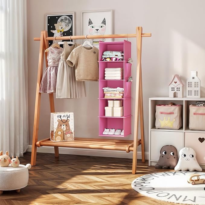 Hanging Closet Organizer, 5-Shelf Closet Hanging Storage Shelves, Light Pink-NeatNest