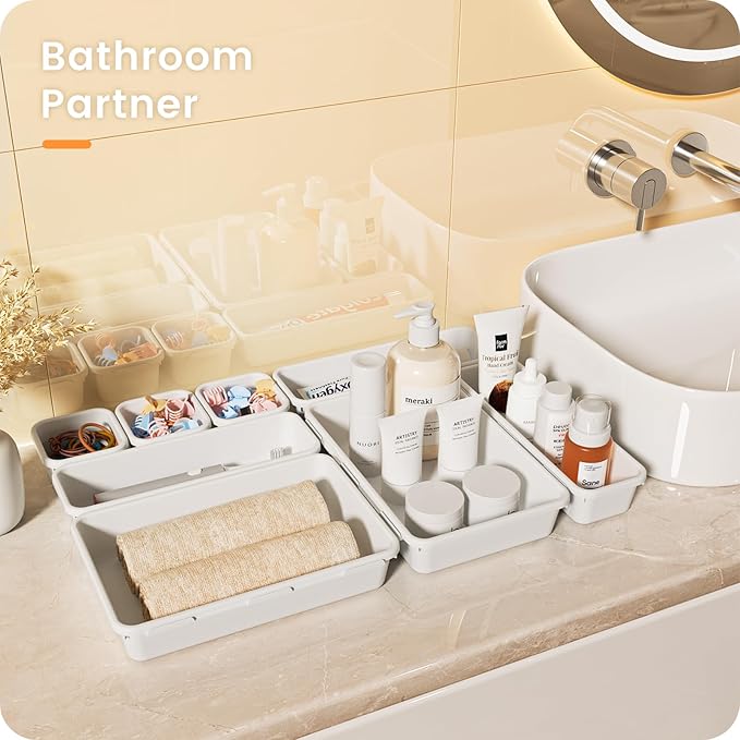 A-LuGei 【𝟮𝟮𝗣𝗖𝗦】 Plastic White Desk Drawer Organizer, Bathroom Organizers and Storage, Makeup Organizer, Organization and Storage Bin Container for Vanity Office Utensils Tool Pantry Cosmetic-NeatNest