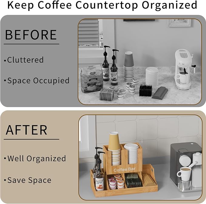 Coffee Station Organizer, Bamboo Coffee Bar Organizer for Countertop, Condiment and Cup Storage Organizer, Bar Accessories for Kitchen, Office, Home, Brown-NeatNest
