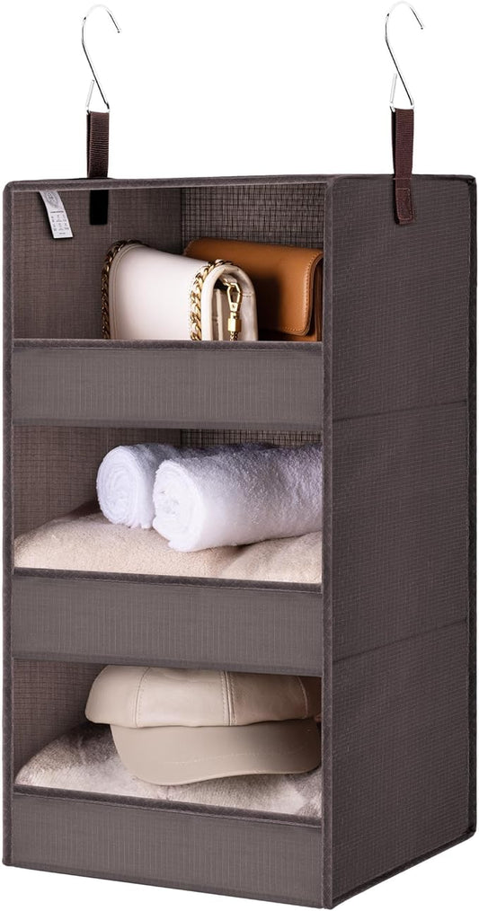 GRANNY SAYS 3-Shelf Closet Organizers and Storage, Foldable Hanging Closet Organizer, Hanging Closet Shelves with 2 Metal Hooks, Leak-Proof Hanging Shelves for Closet, Bedroom, RV, Camper, Dark Brown-NeatNest